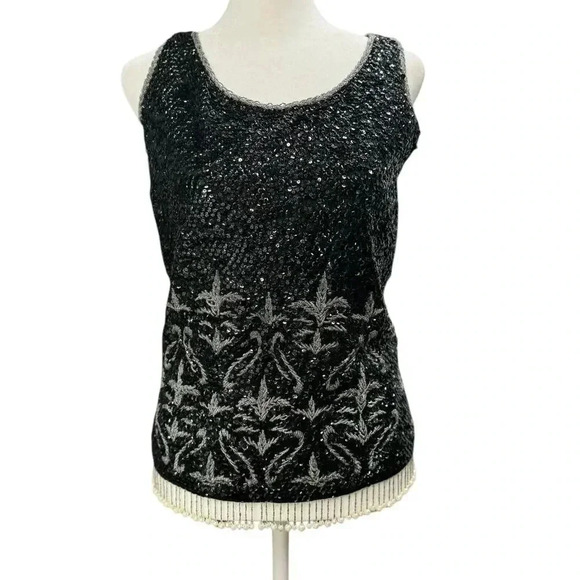 Hand Full Fashioned Gorgeous Silver & Black Hand Beaded Wool Tank Zip Up Back
M - Picture 12 of 16